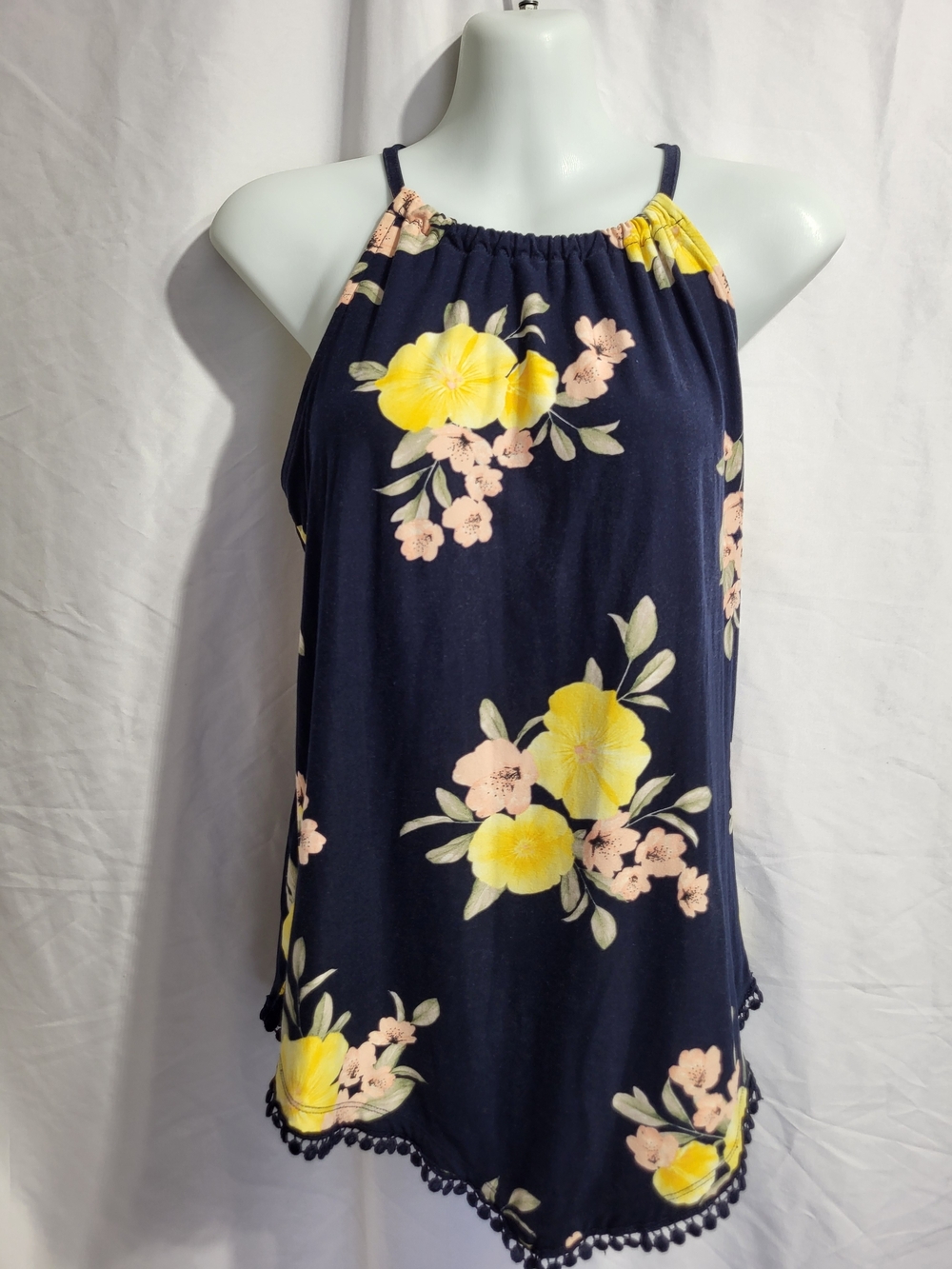 Suzy Shier Navy Halter Camisole with Yellow & Pink Floral Print, Size Small